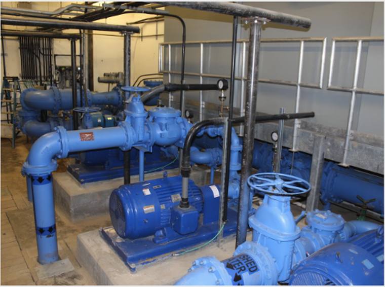 Booster pumps and isolation valves inside a water treatment plant